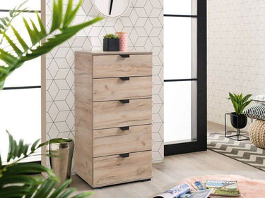 Limone Oak Effect Narrow 5-Drawer Chest: Compact Storage for Modern Interiors - UK Luxury Furniture